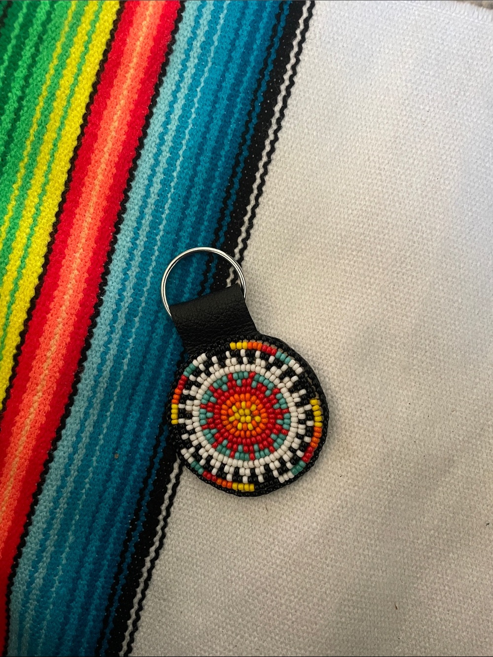 Real Leather Handmade Multicolor Beaded Round Keychain - Women Accessories
